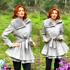 NWT Flared Houndstooth Teddy Coat Belted Fur Skirted Pea Coat Black White Unique